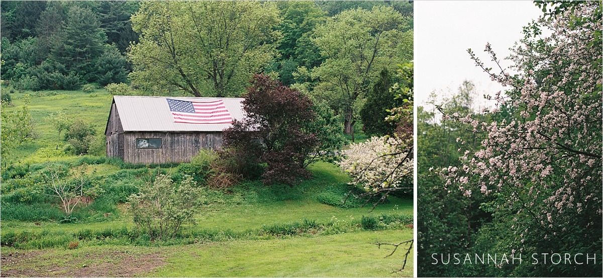 vermont barn with american flag on roof