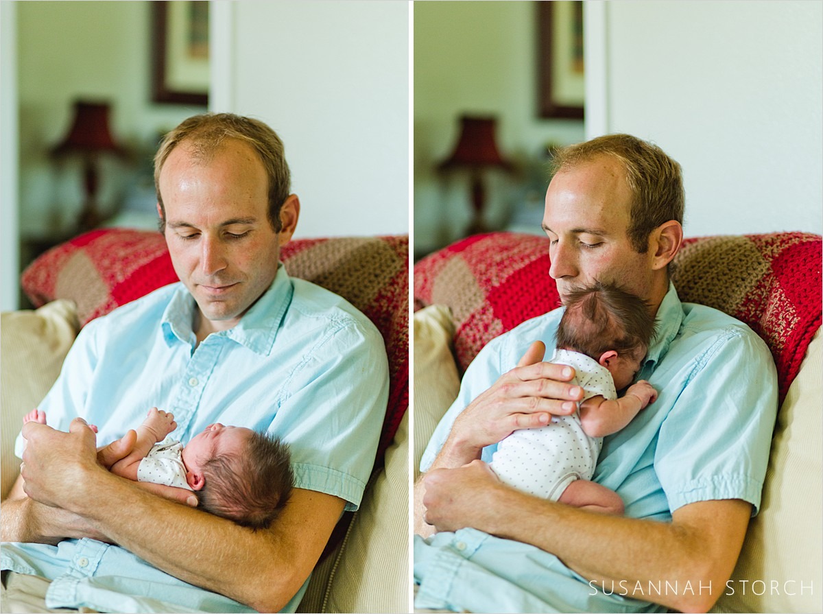 a dad holds his newborn baby son in two images