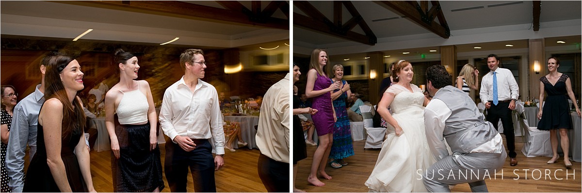 two images of wedding reception dancing