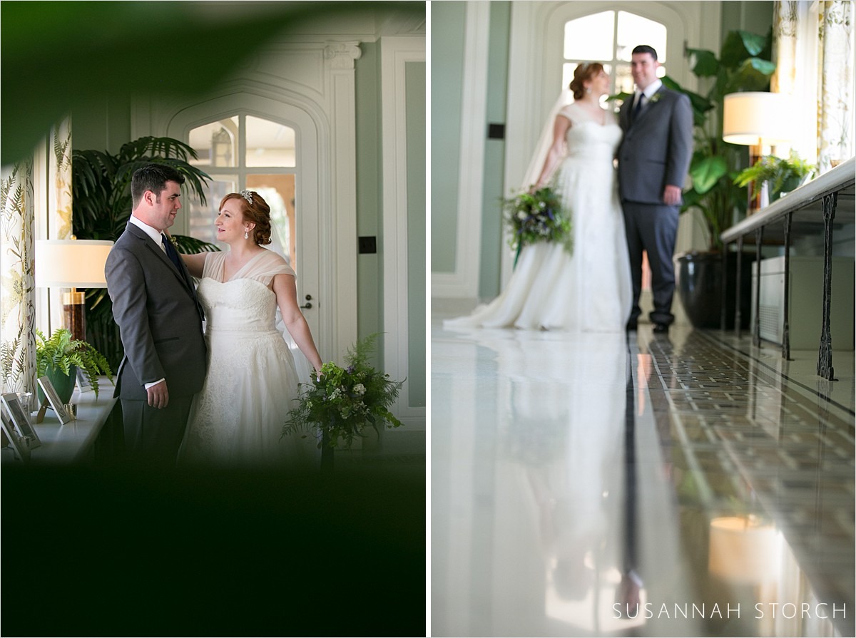 two images of a wedding couple posing in the highlands ranch mansion