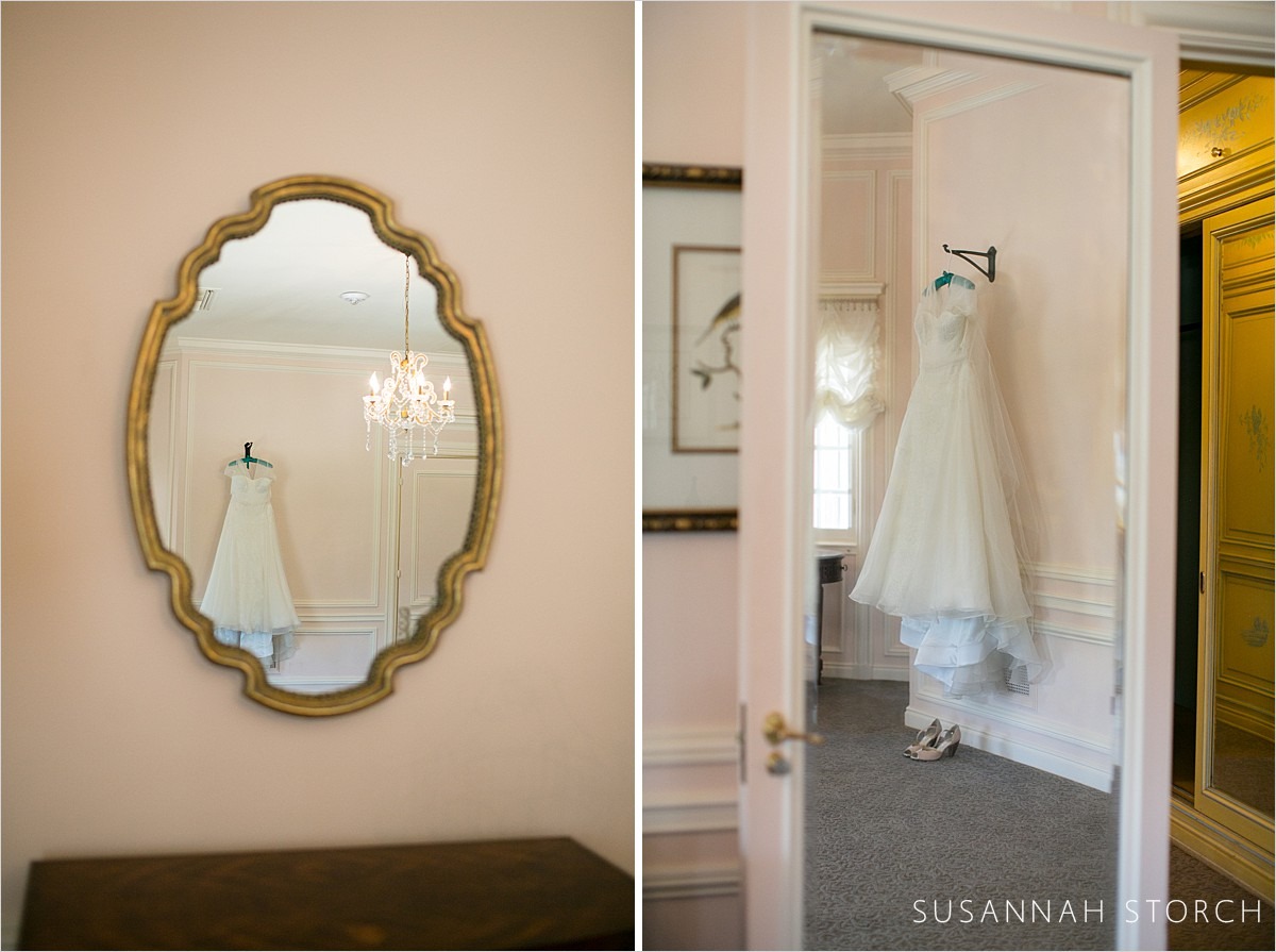 images of a wedding dress hanging in a historic mansion