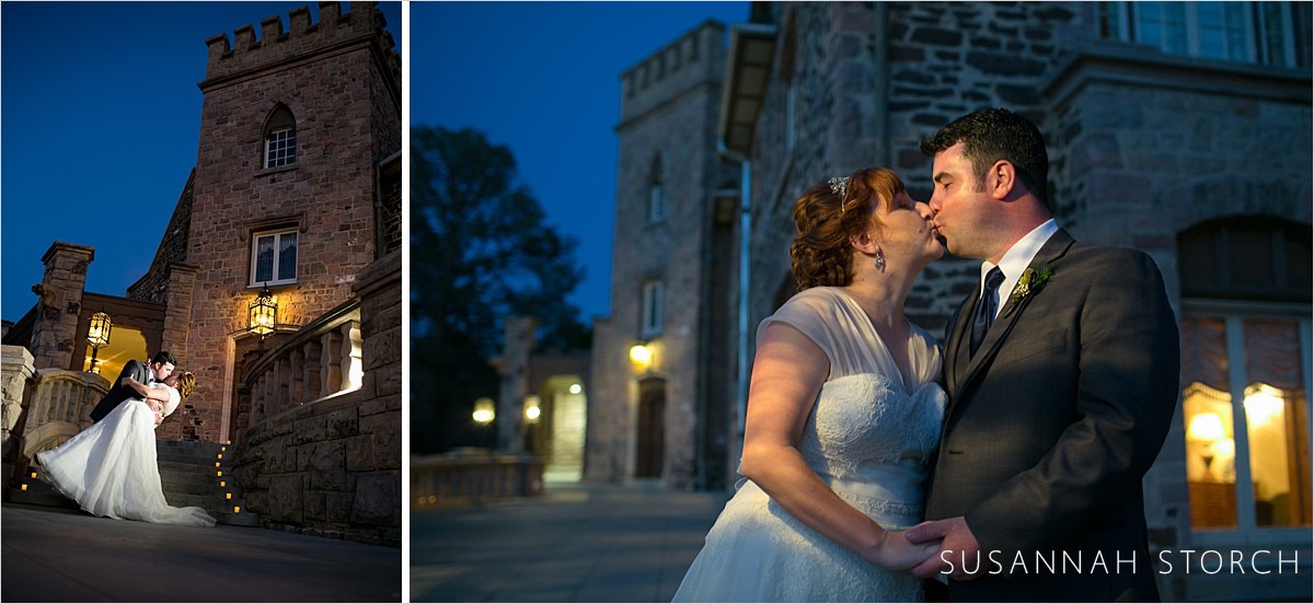 two images of a wedding couple kissing