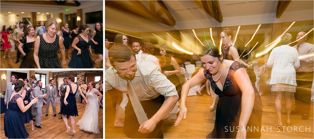 three images of guests dancing at a wedding venue in colorado