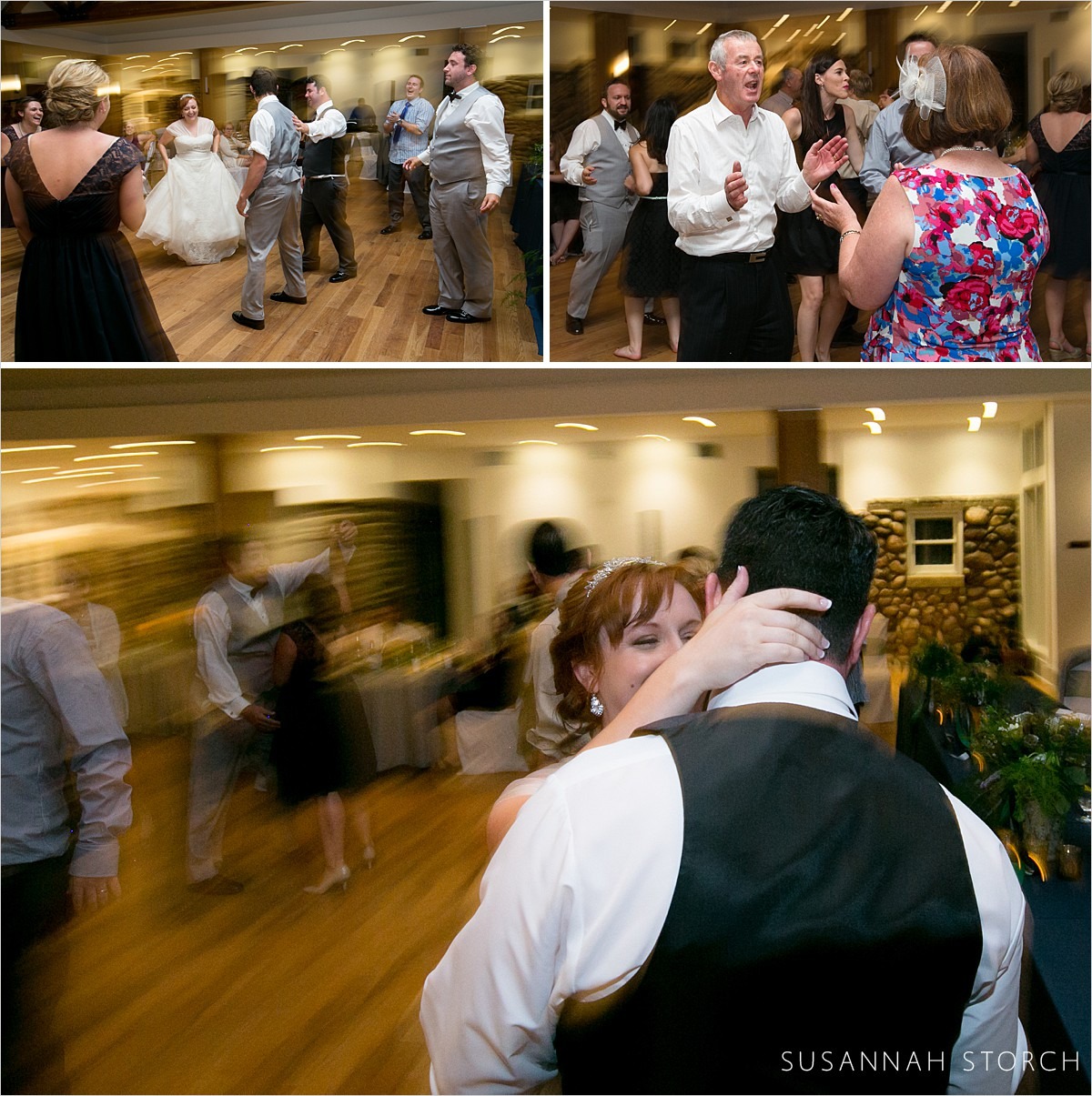 three images of dancing during a wedding reception
