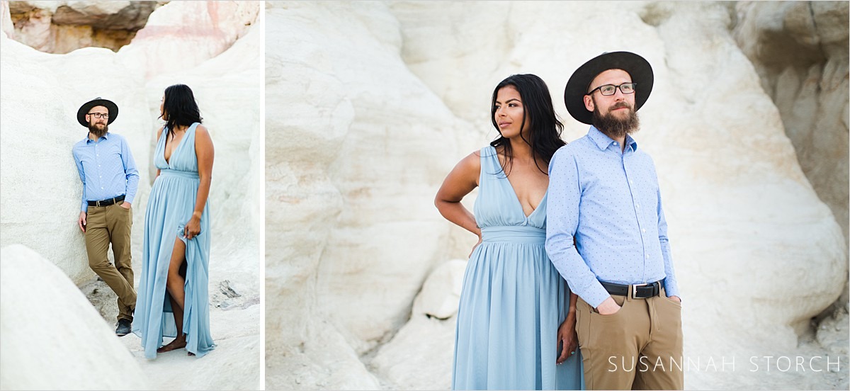 two images of an engaged couple standing by white rocks