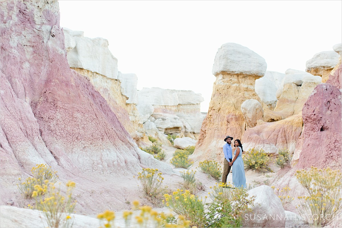 a couple hold hands among pastel rock formations
