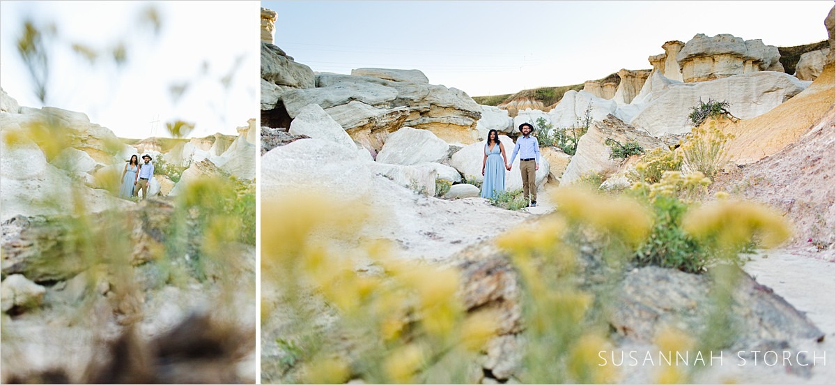 two photos of an engaged couple holding hands among rocks