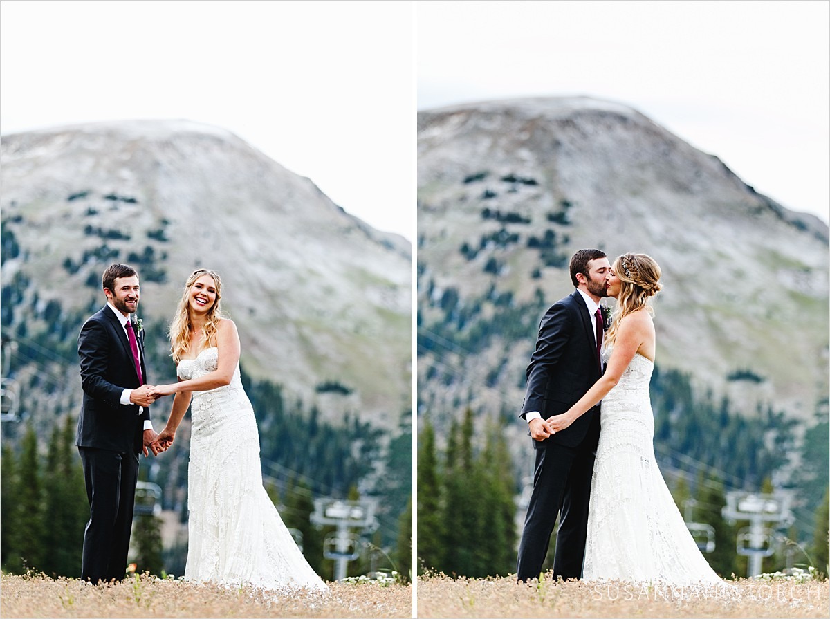 two images of a bride and groom in front of rugged mountains