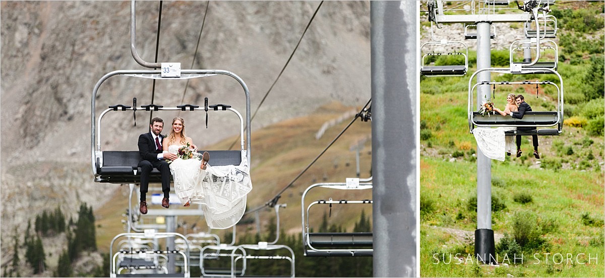 a wedding couple ride a chairlift