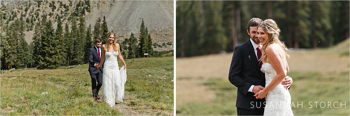 two images of a couple's first look