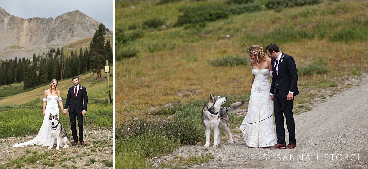 two photos of a wedding couple walking their dog in the mountains