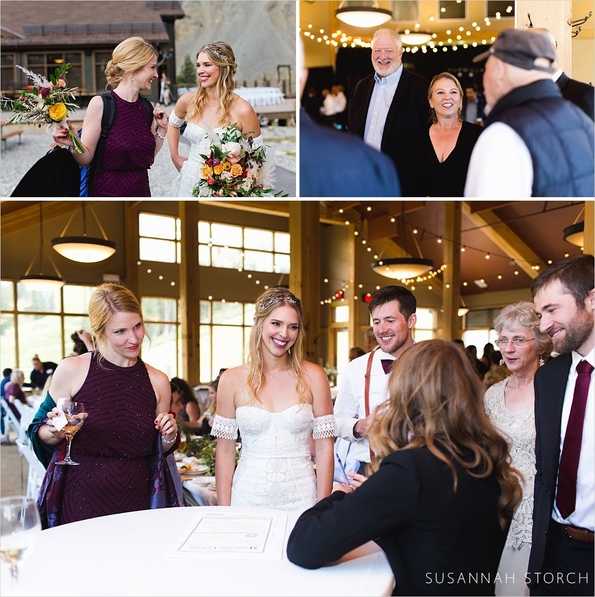 three images of a wedding reception in the mountains of colorado