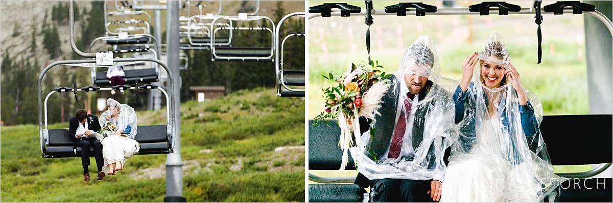 two images of a bride and groom on a chairlift
