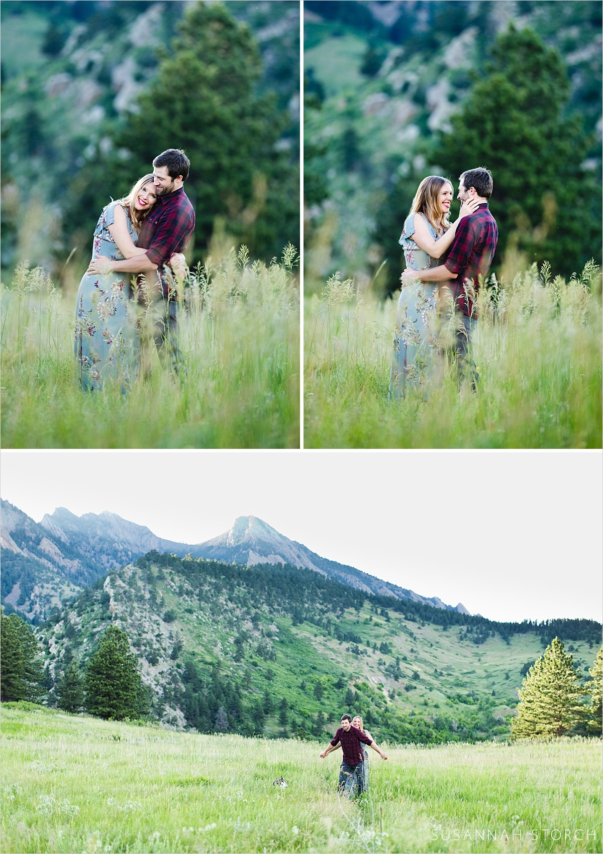 three images of a couple getting coze during an outdoor mountain engagement session