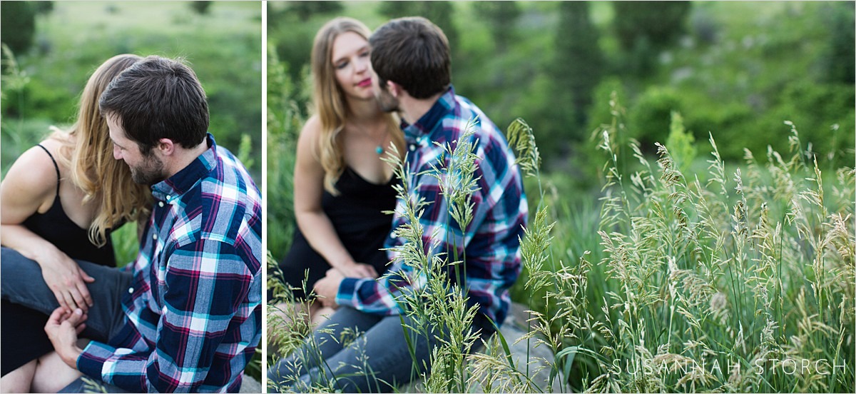 two images of a couple in love in a green outdoor location