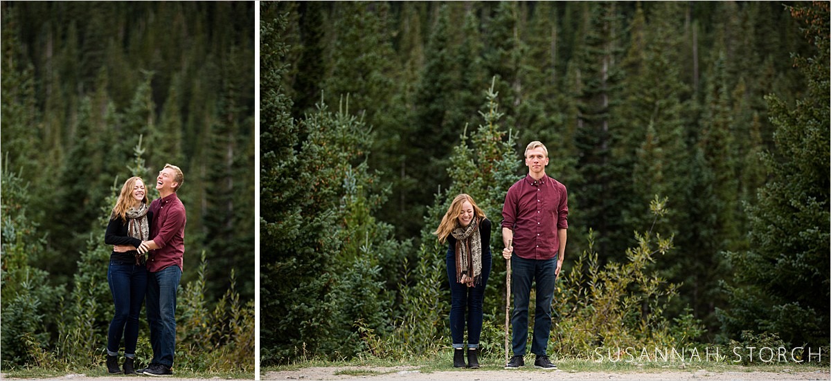 images of an engaged couple in front of pine trees