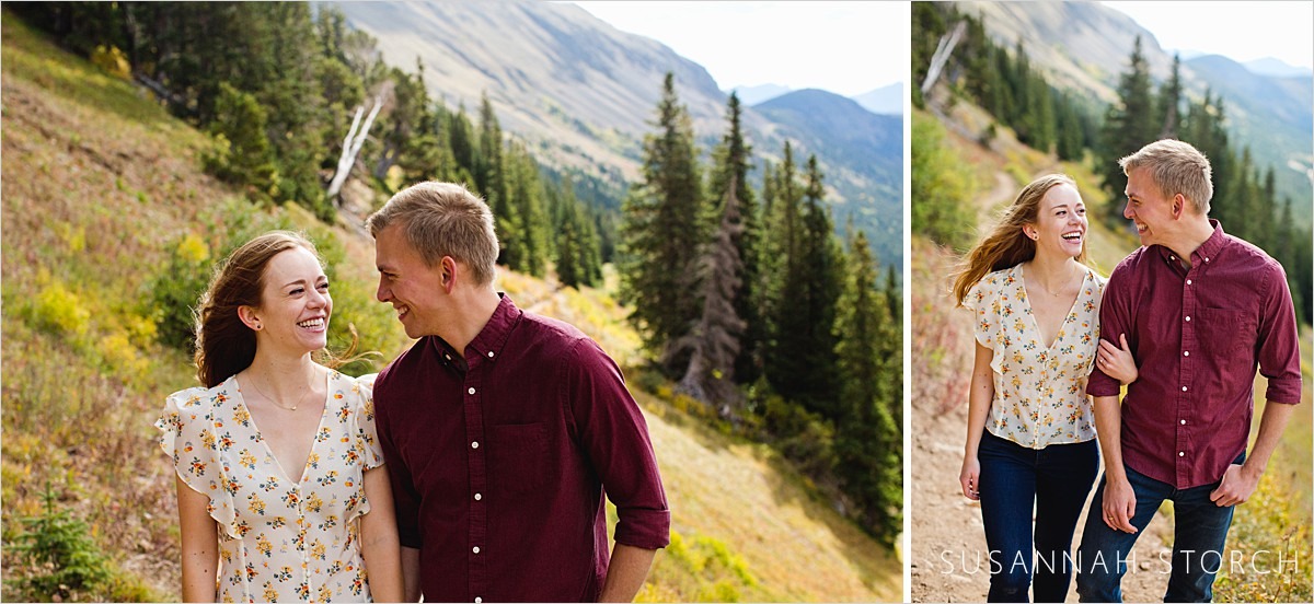 two images of a couple hiking during their engagement photography session