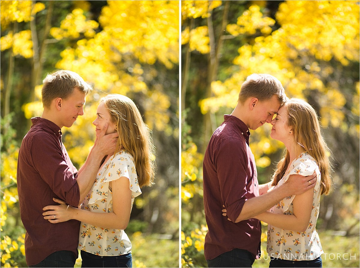 two images of a couple looking at each other by aspen trees