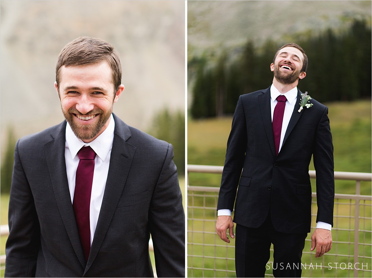 two images of a laughing groom
