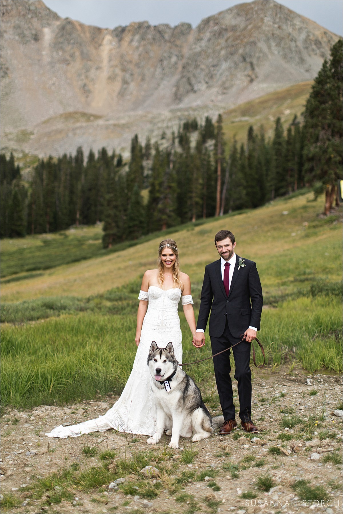 bride, groom, and husband dog portrait