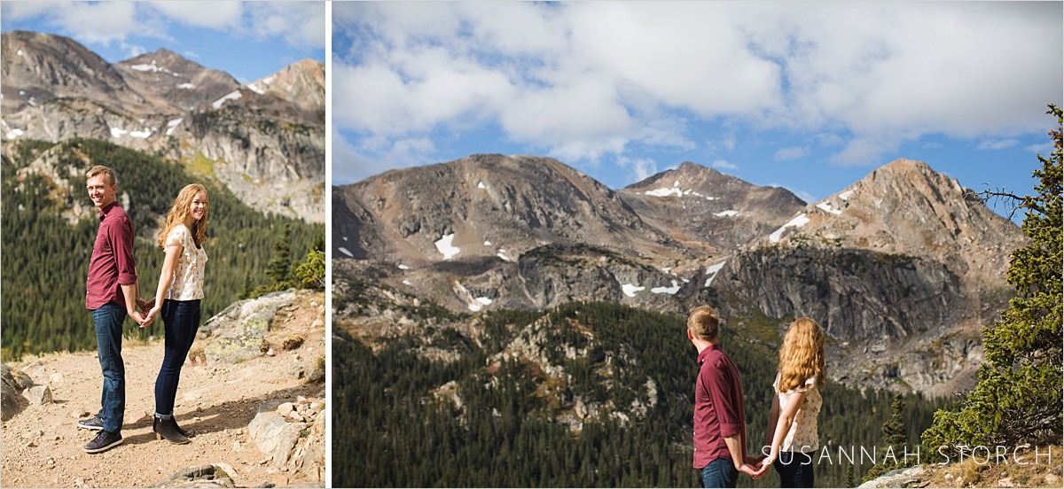 two images of an engaged couple in the mountains outside of nederland, colorado