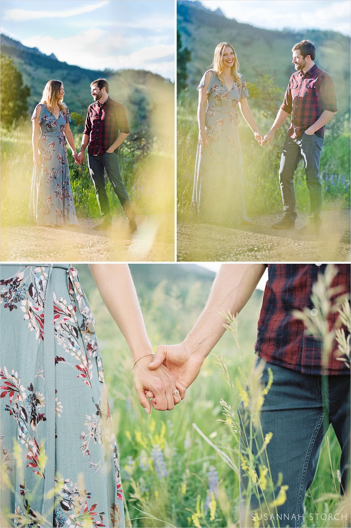three images of a couple holding hands during their summer engagement session