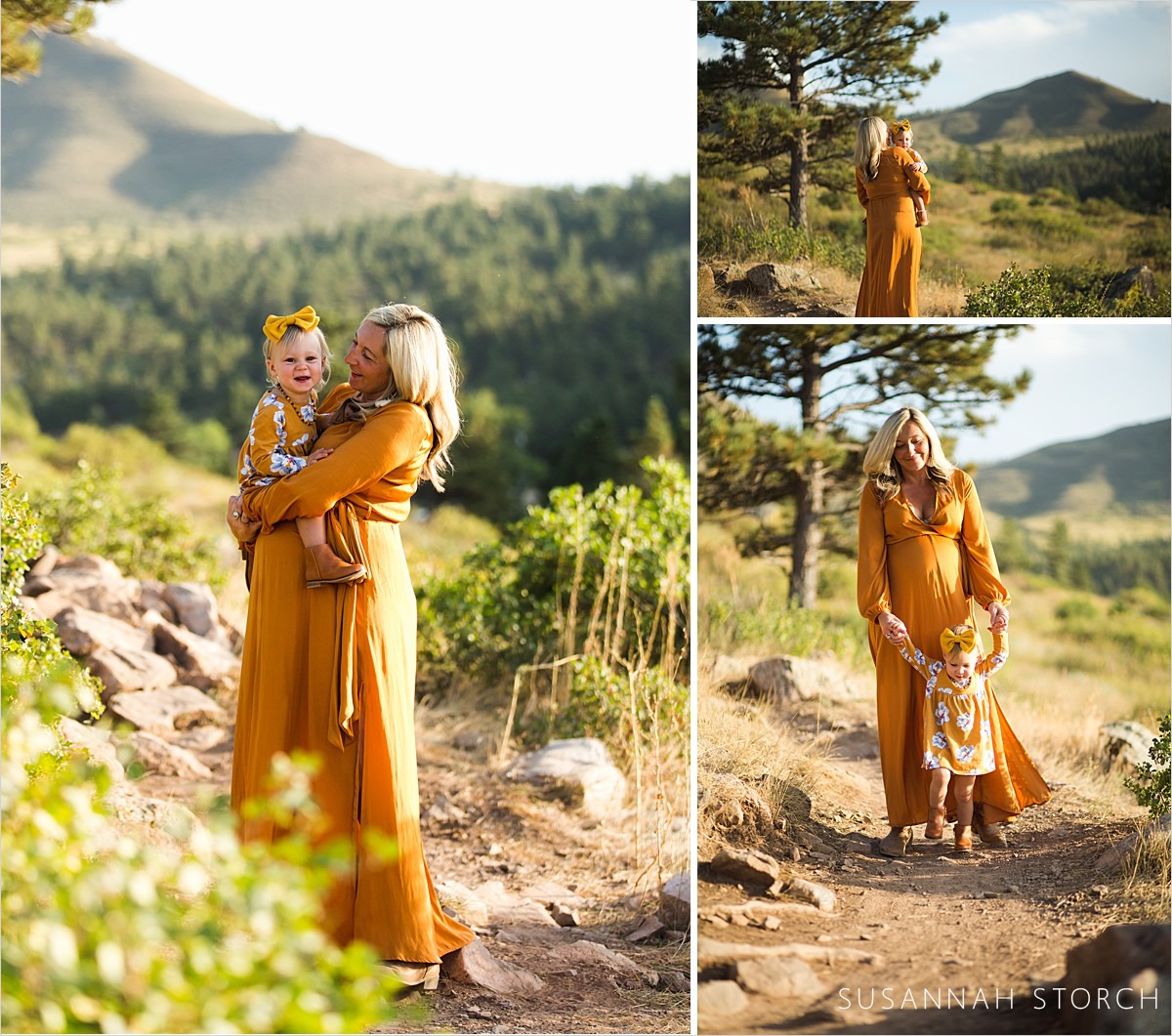 mom and daughter wear orange and pose in the foothills of colorado