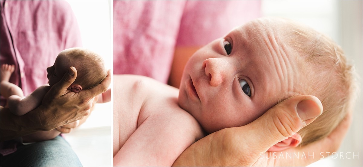 two photos of dad holding son during a denver in home newborn photography session
