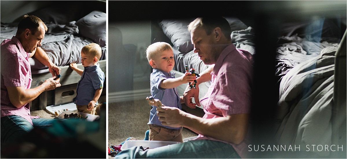 two photos of dad playing with toddler son