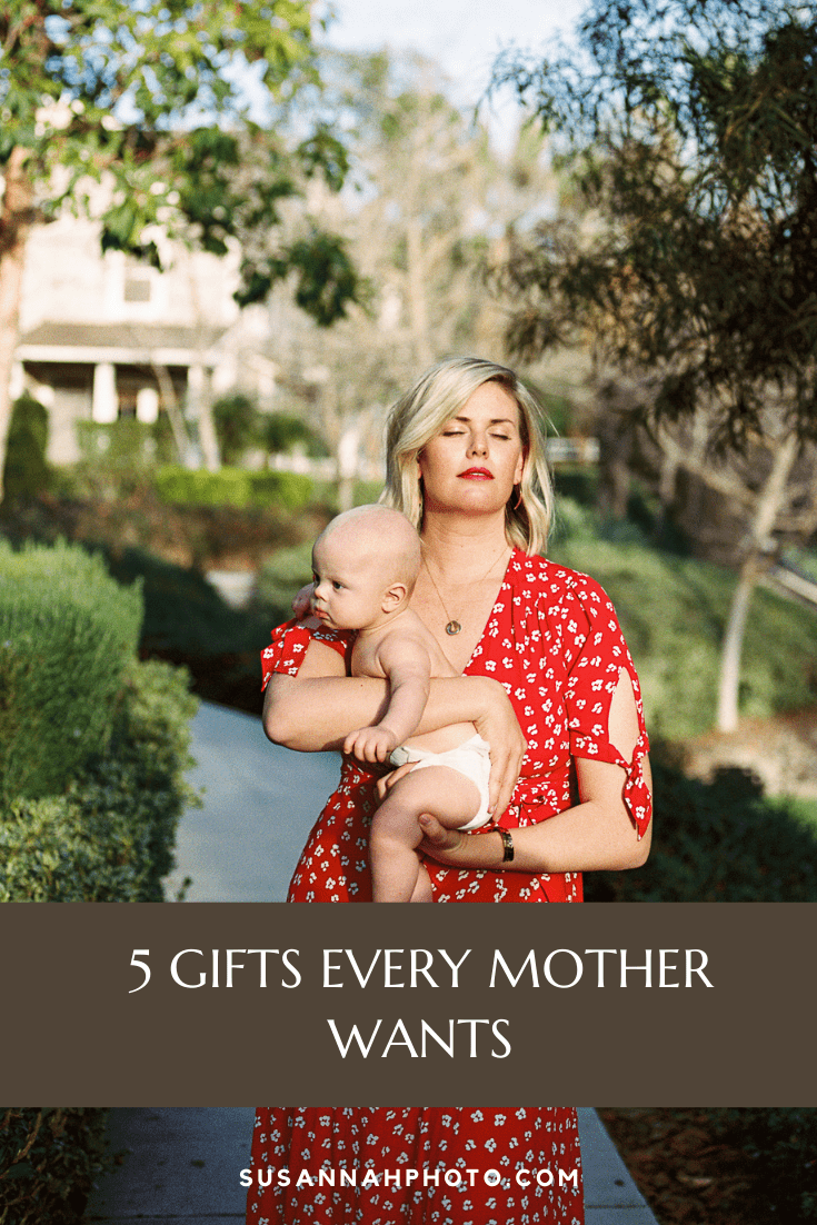 mom in red dress holds baby boy. text read 5 gifts every mother wants. susannah storch photography