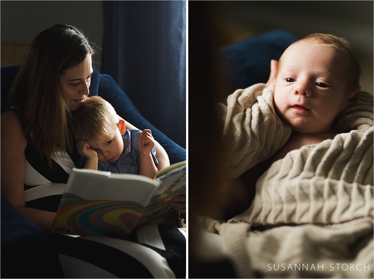 mom reading to toddler and mom holding newborn