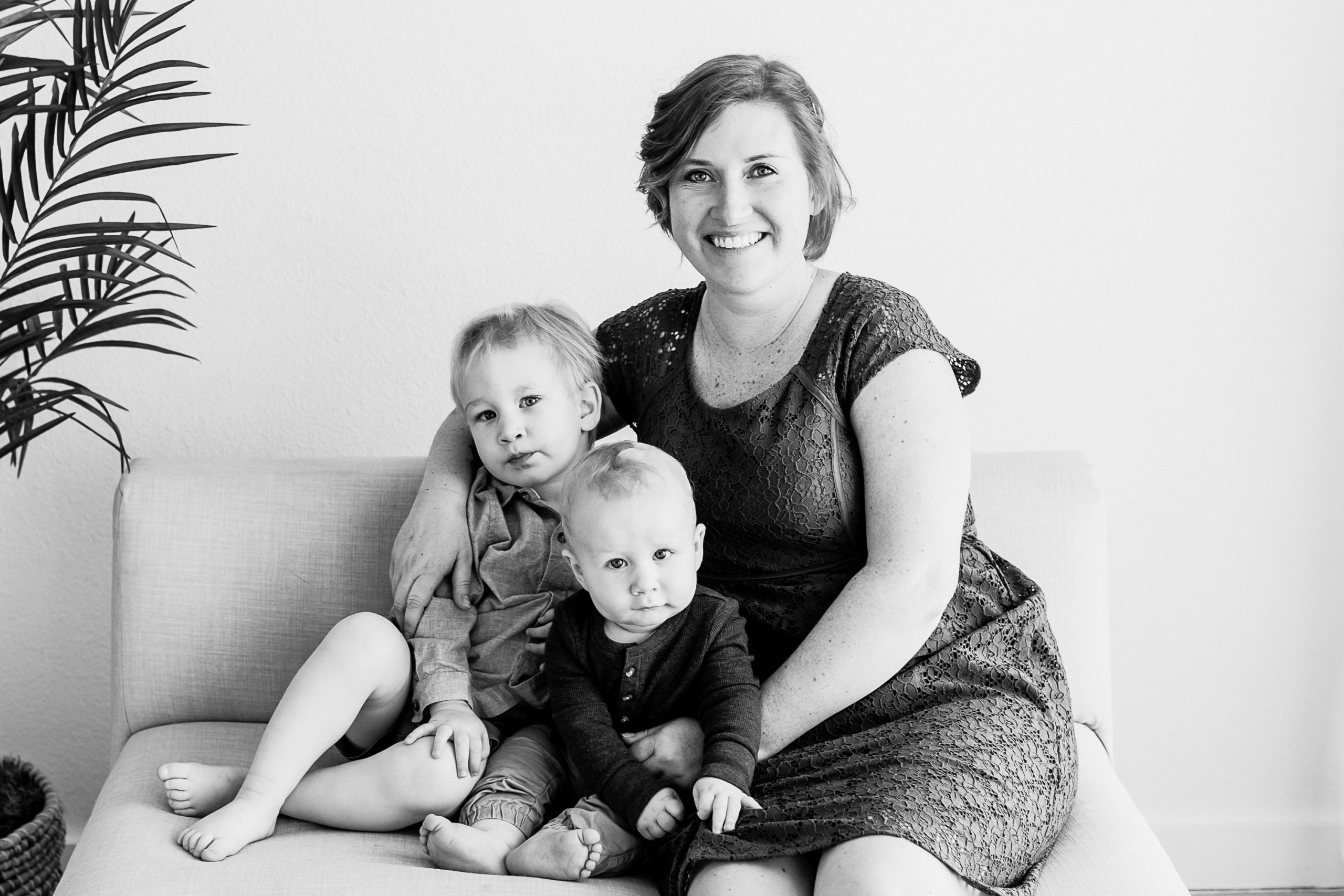 black and white portrait of mom and her sons