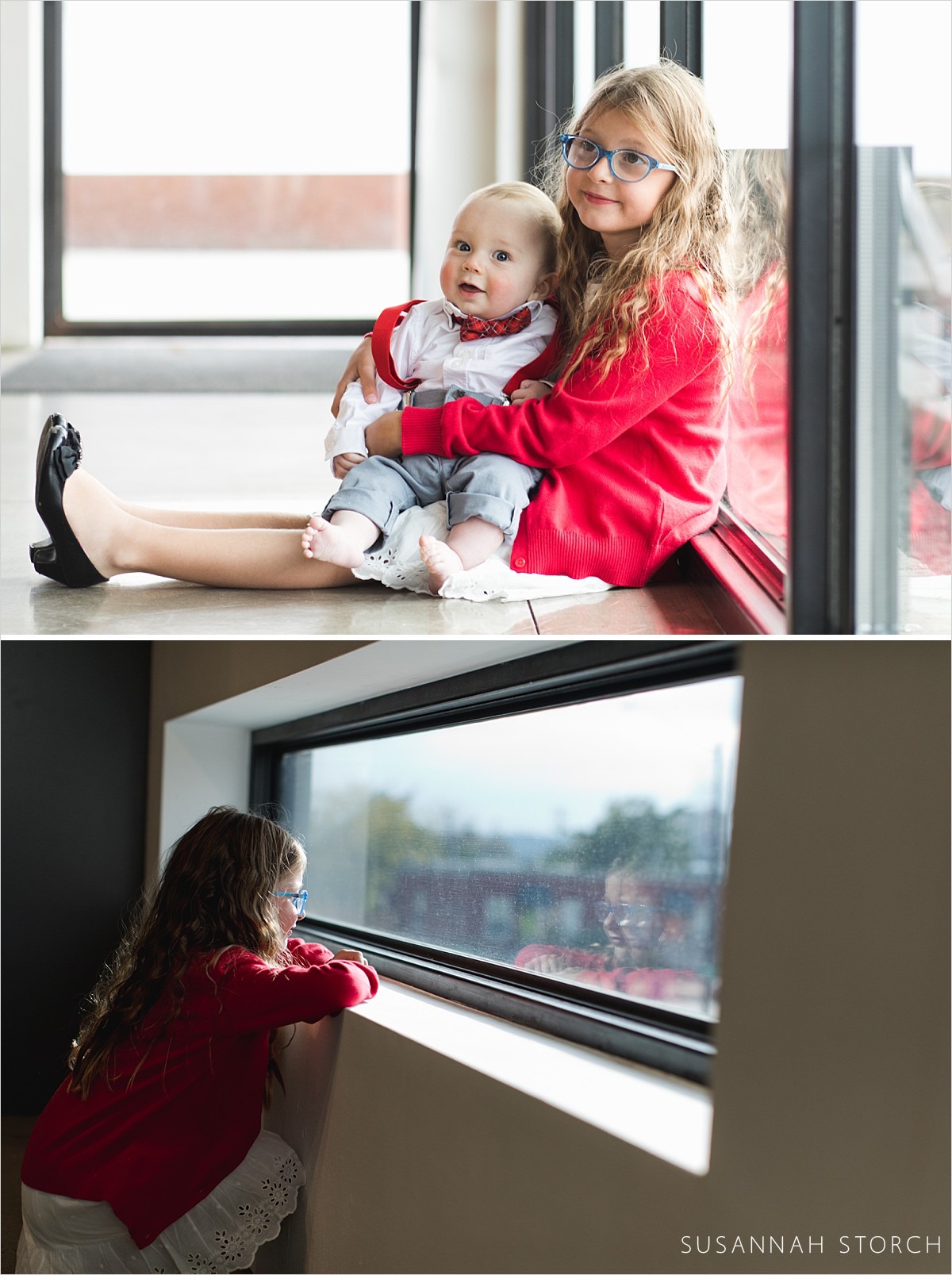 two images of a sister near big windows