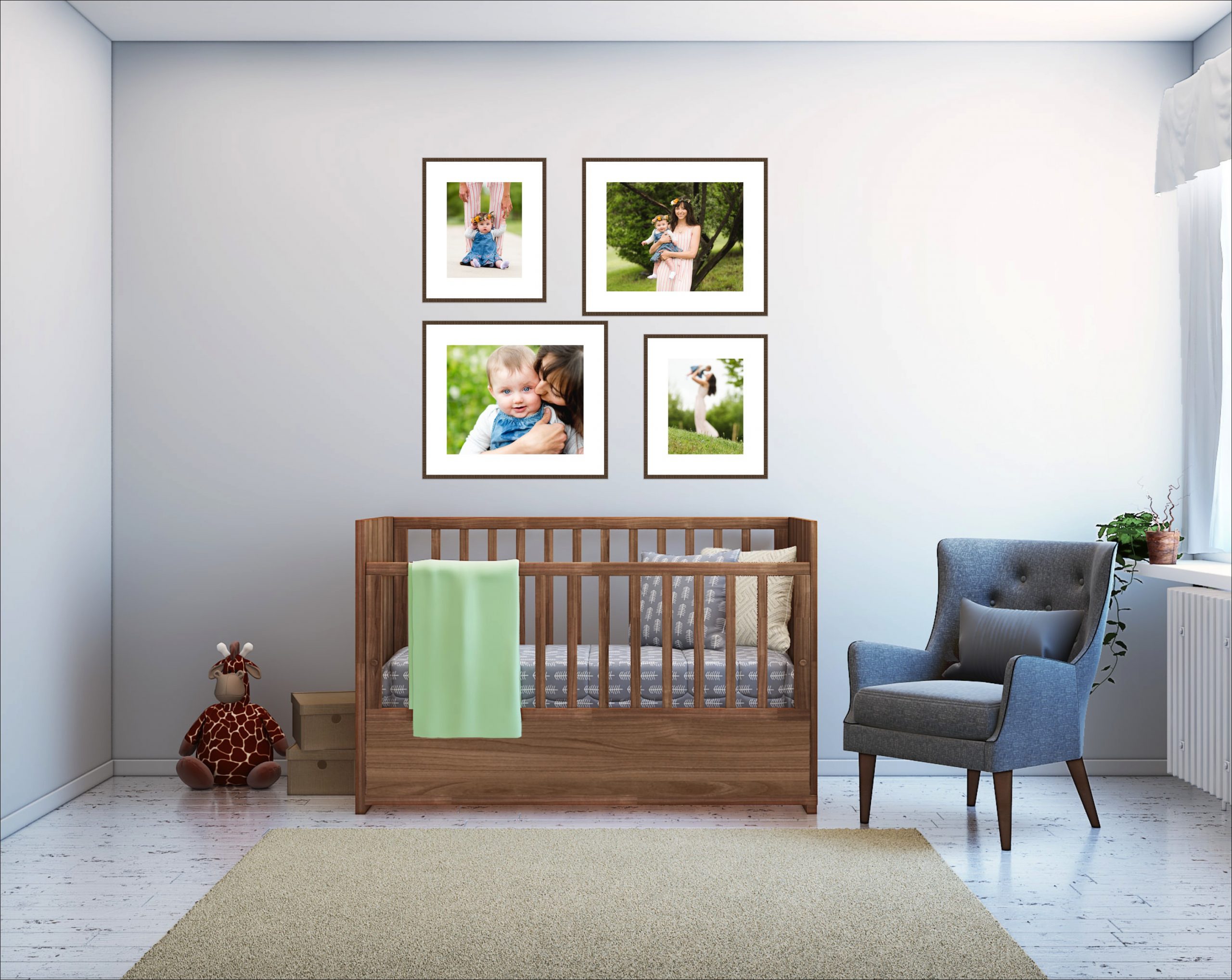framed artwork of mom and baby above crib