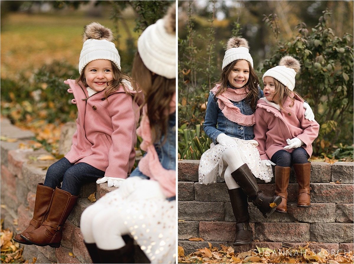 two photos of sisters sitting on a brick wall at a park in the fall