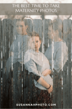 When to Book a Maternity Photography Session text overlaid on triple exposure of pregnant woman