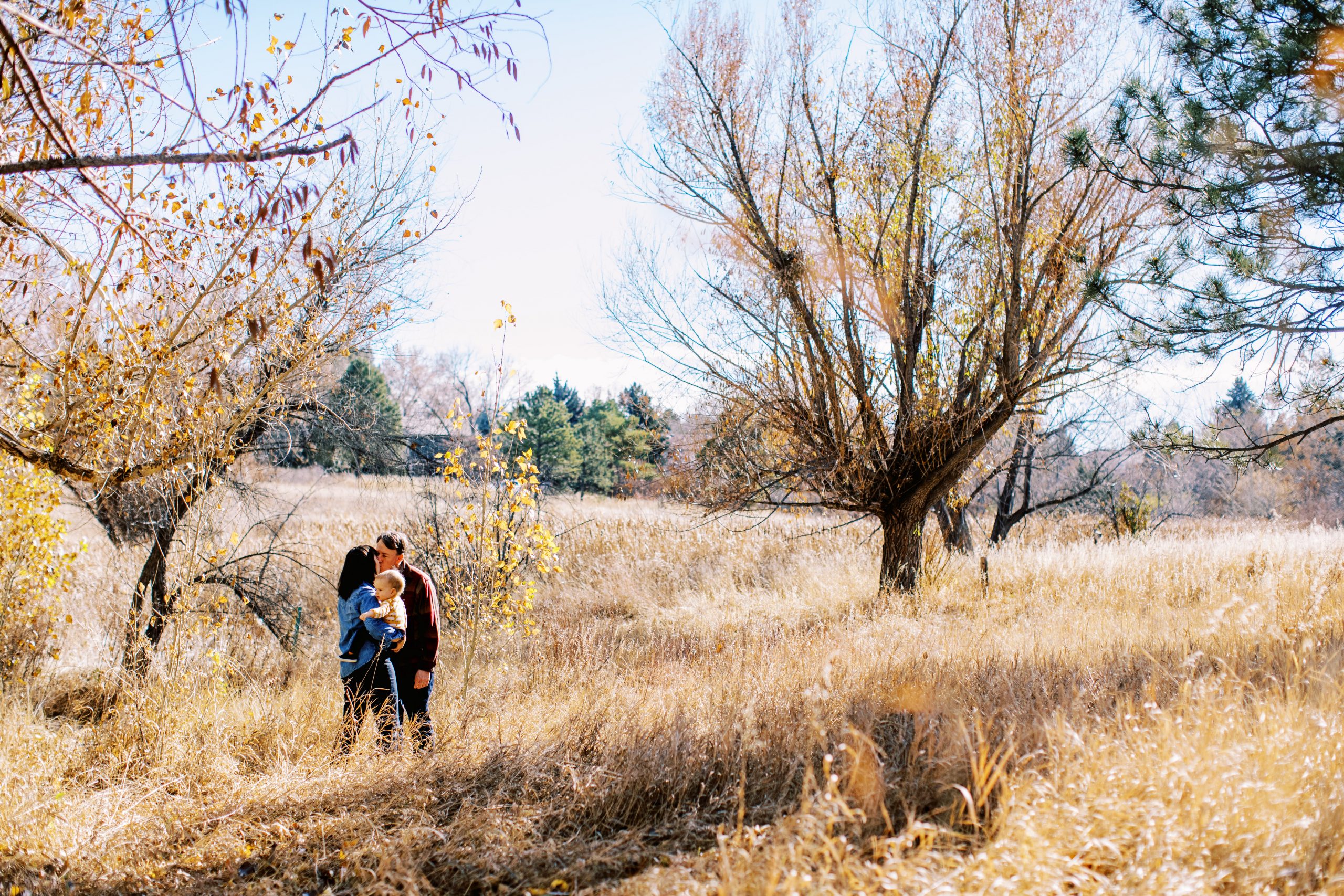 snuggling family in tall dry grasses