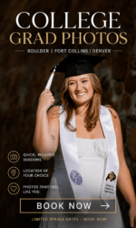 CU Boulder graduate wearing a cap and white stole, smiling during a graduation portrait