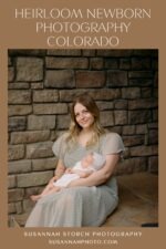 a mom in a pretty dress holds her baby girl in a white dress while creating heirloom images