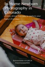 Newborn lying in a wooden crib on a colorful quilt during an in-home session, linking to a blog post about in-home newborn photography in Colorado.