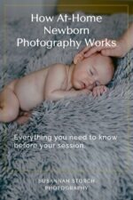 Sleeping newborn on a soft blanket during an in-home newborn session, linking to a blog post about how at-home newborn photography works.