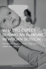 Black-and-white close-up of a newborn being held during an in-home photography session, linking to a blog post about what to expect during an in-home newborn session.