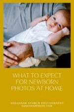 Close-up of a baby being held during an in-home newborn session, promoting a blog post about what to expect for newborn photos at home.