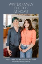 Mom and daughter wearing gray and orange pose in their home for a Colorado photo session