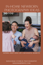 Mother holding newborn twins while her toddler runs toward her and her husband during a candid in-home family photography session in Colorado