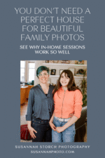 Mother and daughter standing together in their living room during a candid in-home family photography session in Colorado