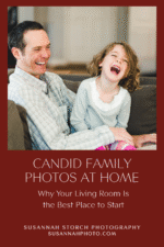 Father and daughter laughing together on a living room couch during a candid in-home family photography session on Colorado’s Front Range