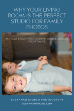 Young girl lying on a living room couch smiling during a natural light in-home family photography session on Colorado’s Front Range