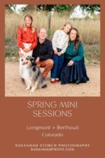 amily with dog sitting together during spring mini session in Longmont Colorado
