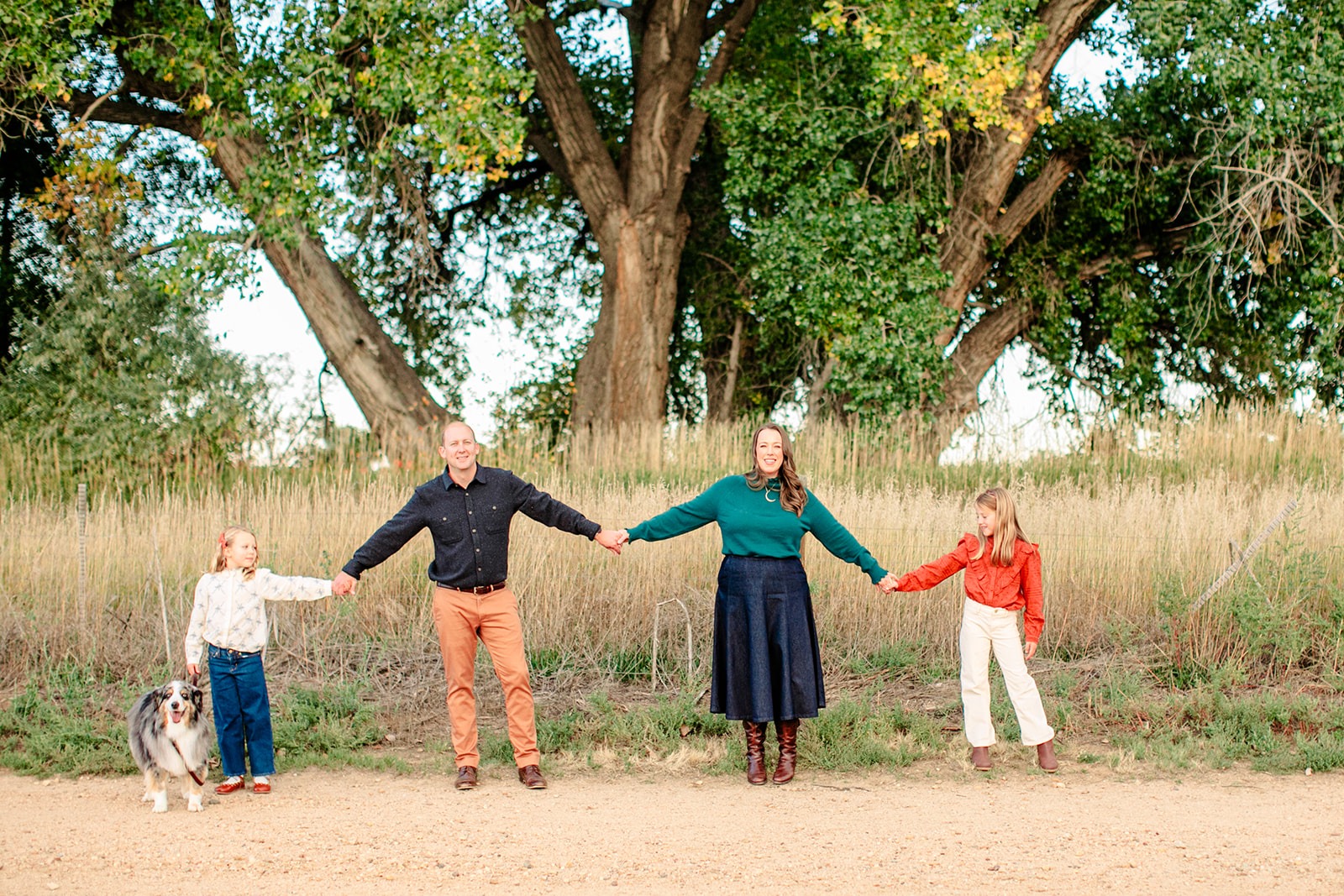 family holding hands and walking together during spring mini session in Longmont Colorado